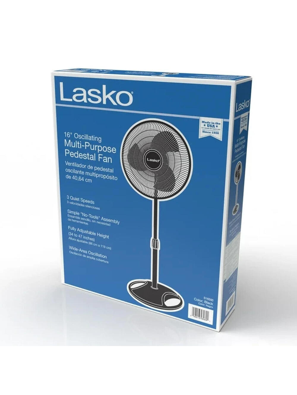 Lasko 16” 3-Speed Adjustable Oscillating Pedestal Fan, Black, S16500